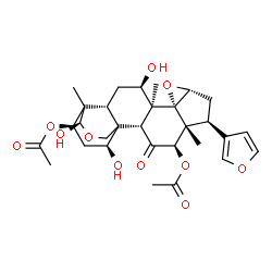 ChemSpider 2D Image | (2R,4R,5R,6S,8R,10S,11S,12R,14R,16R,19S,21R)-6-(3-Furyl)-12,16,19-trihydroxy-5,11,15-trimethyl-3-oxo-9,17-dioxahexacyclo[13.3.3.0~1,14~.0~2,11~.0~5,10~.0~8,10~]henicosane-4,21-diyl diacetate | C30H38O11