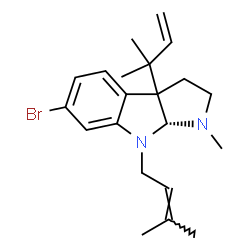 ChemSpider 2D Image | (8aR)-6-Bromo-1-methyl-3a-(2-methyl-3-buten-2-yl)-8-(3-methyl-2-buten-1-yl)-1,2,3,3a,8,8a-hexahydropyrrolo[2,3-b]indole | C21H29BrN2