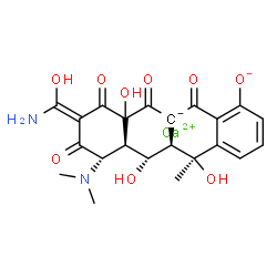 ChemSpider 2D Image | Calcium (2Z,4S,4aR,5S,5aR,6S)-2-[amino(hydroxy)methylene]-4-(dimethylamino)-5,6,12a-trihydroxy-6-methyl-1,3,11,12-tetraoxo-2,3,4,4a,5,5a,6,11,12,12a-decahydro-1H-tetracen-11a-id-10-olate | C22H22CaN2O9