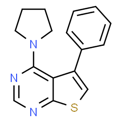 ChemSpider 2D Image | 5-Phenyl-4-(1-pyrrolidinyl)thieno[2,3-d]pyrimidine | C16H15N3S