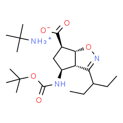 ChemSpider 2D Image | 2-Methyl-2-propanaminium (3aS,4S,6R,6aR)-4-({[(2-methyl-2-propanyl)oxy]carbonyl}amino)-3-(3-pentanyl)-4,5,6,6a-tetrahydro-3aH-cyclopenta[d][1,2]oxazole-6-carboxylate | C21H39N3O5