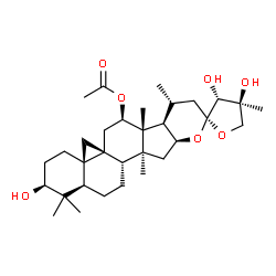 ChemSpider 2D Image | (2S,3'R,4'S,4aR,5aR,7R,7aR,7bR,8R,10S,11aS,12aS,12bS,14aR)-2,3',4'-Trihydroxy-1,1,4',7a,8,12a-hexamethyloctadecahydro-2H,3'H-spiro[cyclopropa[1',8a']naphtho[2',1':4,5]indeno[2,1-b]pyran-10,2'-furan]-7
-yl acetate | C32H50O7