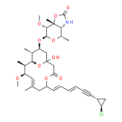 ChemSpider 2D Image | (3aR,4S,6R,7R,7aR)-6-{[(7E,9R,10R,11R,12R,13S)-5-{(1E,3E)-6-[(1S,2R)-2-Chlorocyclopropyl]-1,3-hexadien-5-yn-1-yl}-1-hydroxy-9-methoxy-7,10,12-trimethyl-3-oxo-4,15-dioxabicyclo[9.3.1]pentadec-7-en-13-y
l]oxy}-7-methoxy-4,7a-dimethyltetrahydro-4H-pyrano[3,4-d][1,3]oxazol-2(3H)-one | C35H48ClNO10