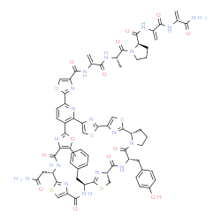ChemSpider 2D Image | N-{2-[({2-[(6S,12S,15R,19S,26S)-26-(2-Amino-2-oxoethyl)-19-benzyl-12-(4-hydroxybenzyl)-30-methyl-11,14,21,28-tetraoxo-31-oxa-4,17,24,41-tetrathia-10,13,20,27,37,42,43,44,45,46-decaazaoctacyclo[37.2.1.
1~2,5~.1~15,18~.1~22,25~.1~29,32~.0~6,10~.0~33,38~]hexatetraconta-1(42),2,5(46),18(45),22,25(44),29,32(43),33,35,37,39-dodecaen-36-yl]-1,3-thiazol-4-yl}carbonyl)amino]acryloyl}-L-alanyl-N-{3-[(3-amino
-3-oxo-1-propen-2-yl)amino]-3-oxo-1-propen-2-yl}-D-prolinamide | C69H66N18O13S5