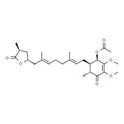 ChemSpider 2D Image | (1R,5R,6R)-6-{(2E,6E)-3,7-Dimethyl-8-[(2R,4S)-4-methyl-5-oxotetrahydro-2-furanyl]-2,6-octadien-1-yl}-2,3-dimethoxy-5-methyl-4-oxo-2-cyclohexen-1-yl acetate | C26H38O7