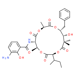 ChemSpider 2D Image | 3-Amino-N-[(3S,6S,7S,10S,14R,15R)-15-benzyl-10-sec-butyl-14-hydroxy-3,7,13,13-tetramethyl-2,5,9,12-tetraoxo-1,4,8,11-tetraoxacyclopentadecan-6-yl]-2-hydroxybenzamide (non-preferred name) | C33H42N2O11