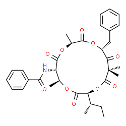 ChemSpider 2D Image | N-{(3S,6S,7S,10S,15R)-15-Benzyl-10-[(2S)-2-butanyl]-3,7,13,13-tetramethyl-2,5,9,12,14-pentaoxo-1,4,8,11-tetraoxacyclopentadecan-6-yl}benzamide | C33H39NO10