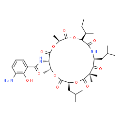 ChemSpider 2D Image | 3-Amino-N-{(2S,5R,8S,13S,16R,17S)-5-[(2R)-2-butanyl]-8,13-diisobutyl-2,10,10,16-tetramethyl-3,6,9,11,14,18-hexaoxo-1,4,12,15-tetraoxa-7-azacyclooctadecan-17-yl}-2-hydroxybenzamide | C36H53N3O12