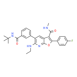 ChemSpider 2D Image | 6-(Ethylamino)-2-(4-fluorophenyl)-N-methyl-5-{3-[(2-methyl-2-propanyl)carbamoyl]phenyl}furo[2,3-b]pyridine-3-carboxamide | C28H29FN4O3