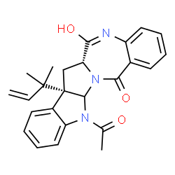 ChemSpider 2D Image | (6aR,7aS)-12-Acetyl-6-hydroxy-7a-(2-methyl-3-buten-2-yl)-7,7a,12,12a-tetrahydroindolo[3',2':4,5]pyrrolo[2,1-c][1,4]benzodiazepin-14(6aH)-one | C25H25N3O3