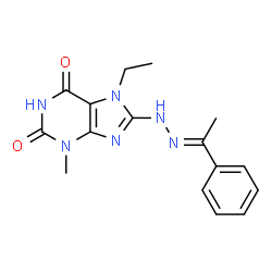 ChemSpider 2D Image | 7-Ethyl-3-methyl-8-[(2E)-2-(1-phenylethylidene)hydrazino]-3,7-dihydro-1H-purine-2,6-dione | C16H18N6O2