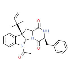 ChemSpider 2D Image | (3S,5aR,10bR,11aR)-6-Acetyl-3-benzyl-10b-(2-methyl-3-buten-2-yl)-6,10b,11,11a-tetrahydro-2H-pyrazino[1',2':1,5]pyrrolo[2,3-b]indole-1,4(3H,5aH)-dione | C27H29N3O3