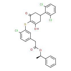 ChemSpider 2D Image | (1R)-1-Phenylethyl (4-chloro-3-{[4-(2,6-dichlorophenyl)-2-hydroxy-6-oxo-1-cyclohexen-1-yl]sulfanyl}phenyl)acetate | C28H23Cl3O4S