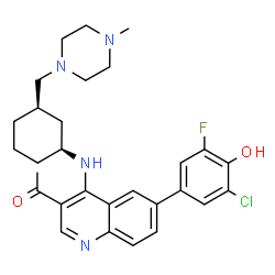 ChemSpider 2D Image | 1-[6-(3-Chloro-5-fluoro-4-hydroxyphenyl)-4-({(1S,3R)-3-[(4-methyl-1-piperazinyl)methyl]cyclohexyl}amino)-3-quinolinyl]ethanone | C29H34ClFN4O2