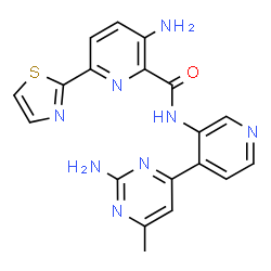 ChemSpider 2D Image | 3-Amino-N-[4-(2-amino-6-methyl-4-pyrimidinyl)-3-pyridinyl]-6-(1,3-thiazol-2-yl)-2-pyridinecarboxamide | C19H16N8OS