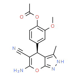 ChemSpider 2D Image | 4-[(4R)-6-Amino-5-cyano-3-methyl-2,4-dihydropyrano[2,3-c]pyrazol-4-yl]-2-methoxyphenyl acetate | C17H16N4O4