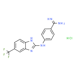 ChemSpider 2D Image | 4-{[5-(Trifluoromethyl)-1H-benzimidazol-2-yl]amino}benzenecarboximidamide hydrochloride (1:1) | C15H13ClF3N5