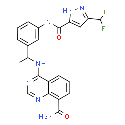 ChemSpider 2D Image | 4-({1-[3-({[3-(Difluoromethyl)-1H-pyrazol-5-yl]carbonyl}amino)phenyl]ethyl}amino)-8-quinazolinecarboxamide | C22H19F2N7O2