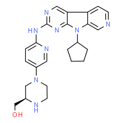ChemSpider 2D Image | [(2R)-4-{6-[(9-Cyclopentyl-9H-pyrido[4',3':4,5]pyrrolo[2,3-d]pyrimidin-2-yl)amino]-3-pyridinyl}-2-piperazinyl]methanol | C24H28N8O