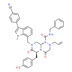 ChemSpider 2D Image | (6S,9aS)-2-Allyl-N-benzyl-8-{[3-(4-cyanophenyl)-1-methyl-1H-indol-7-yl]methyl}-6-(4-hydroxybenzyl)-4,7-dioxohexahydro-2H-pyrazino[2,1-c][1,2,4]triazine-1(6H)-carboxamide | C41H39N7O4