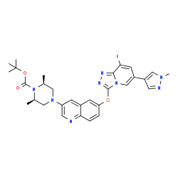 ChemSpider 2D Image | 2-Methyl-2-propanyl (2R,6S)-4-(6-{[8-fluoro-6-(1-methyl-1H-pyrazol-4-yl)[1,2,4]triazolo[4,3-a]pyridin-3-yl]sulfanyl}-3-quinolinyl)-2,6-dimethyl-1-piperazinecarboxylate | C30H33FN8O2S