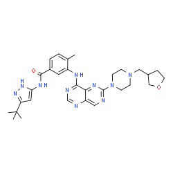 ChemSpider 2D Image | 4-Methyl-N-[3-(2-methyl-2-propanyl)-1H-pyrazol-5-yl]-3-({6-[4-(tetrahydro-3-furanylmethyl)-1-piperazinyl]pyrimido[5,4-d]pyrimidin-4-yl}amino)benzamide | C30H38N10O2