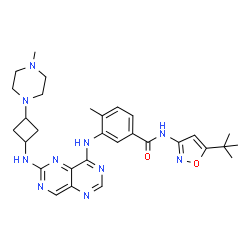 ChemSpider 2D Image | 4-Methyl-3-[(6-{[3-(4-methyl-1-piperazinyl)cyclobutyl]amino}pyrimido[5,4-d]pyrimidin-4-yl)amino]-N-[5-(2-methyl-2-propanyl)-1,2-oxazol-3-yl]benzamide | C30H38N10O2