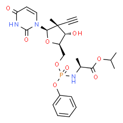 ChemSpider 2D Image | Isopropyl (2S)-2-{[{[(2R,3S,4R,5R)-5-(2,4-dioxo-3,4-dihydro-1(2H)-pyrimidinyl)-4-ethynyl-3-hydroxy-4-methyltetrahydro-2-furanyl]methoxy}(phenoxy)phosphoryl]amino}propanoate (non-preferred name) | C24H30N3O9P