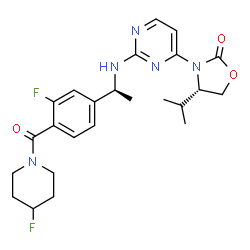 ChemSpider 2D Image | (4S)-3-(2-{[(1S)-1-{3-Fluoro-4-[(4-fluoro-1-piperidinyl)carbonyl]phenyl}ethyl]amino}-4-pyrimidinyl)-4-isopropyl-1,3-oxazolidin-2-one | C24H29F2N5O3