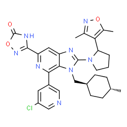ChemSpider 2D Image | 3-{4-(5-Chloro-3-pyridinyl)-2-[2-(3,5-dimethyl-1,2-oxazol-4-yl)-1-pyrrolidinyl]-3-[(trans-4-methylcyclohexyl)methyl]-3H-imidazo[4,5-c]pyridin-6-yl}-1,2,4-oxadiazol-5(4H)-one | C30H33ClN8O3