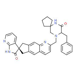 ChemSpider 2D Image | (7S)-2-[(8-Benzyl-7-oxo-6,9-diazaspiro[4.5]dec-9-yl)methyl]-6,8-dihydrospiro[cyclopenta[g]quinoline-7,3'-pyrrolo[2,3-b]pyridin]-2'(1'H)-one | C34H33N5O2