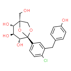ChemSpider 2D Image | (1R,2S,3S,4R,5S)-5-[4-Chloro-3-(4-hydroxybenzyl)phenyl]-1-(hydroxymethyl)-6,8-dioxabicyclo[3.2.1]octane-2,3,4-triol (non-preferred name) | C20H21ClO7