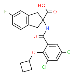 ChemSpider 2D Image | 2-{[3,5-Dichloro-2-(cyclobutyloxy)benzoyl]amino}-5-fluoro-2-indanecarboxylic acid | C21H18Cl2FNO4