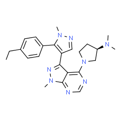 ChemSpider 2D Image | (3R)-1-{3-[5-(4-Ethylphenyl)-1-methyl-1H-pyrazol-4-yl]-1-methyl-1H-pyrazolo[3,4-d]pyrimidin-4-yl}-N,N-dimethyl-3-pyrrolidinamine | C24H30N8