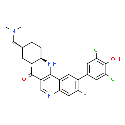 ChemSpider 2D Image | 1-[6-(3,5-Dichloro-4-hydroxyphenyl)-4-({trans-4-[(dimethylamino)methyl]cyclohexyl}amino)-7-fluoro-3-quinolinyl]ethanone | C26H28Cl2FN3O2