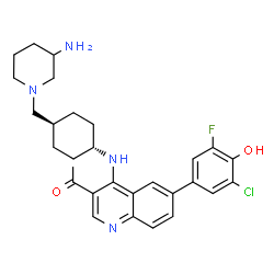 ChemSpider 2D Image | 1-[4-({trans-4-[(3-Amino-1-piperidinyl)methyl]cyclohexyl}amino)-6-(3-chloro-5-fluoro-4-hydroxyphenyl)-3-quinolinyl]ethanone | C29H34ClFN4O2