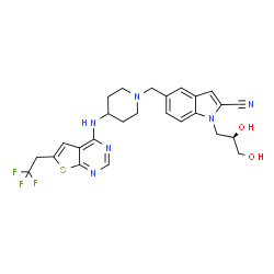 ChemSpider 2D Image | 1-[(2R)-2,3-Dihydroxypropyl]-5-[(4-{[6-(2,2,2-trifluoroethyl)thieno[2,3-d]pyrimidin-4-yl]amino}-1-piperidinyl)methyl]-1H-indole-2-carbonitrile | C26H27F3N6O2S