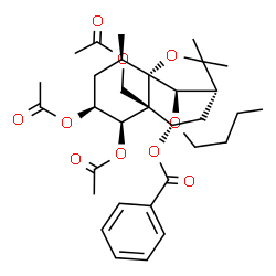 ChemSpider 2D Image | (1S,2R,4S,5R,6R,7S,9R,12R)-4,5-Diacetoxy-6-(acetoxymethyl)-12-butoxy-2,10,10-trimethyl-11-oxatricyclo[7.2.1.0~1,6~]dodec-7-yl benzoate | C32H44O10