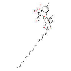 ChemSpider 2D Image | (1R,2R,6S,7S,8R,10S,11S,12R,16R,18R)-6,7-Dihydroxy-8-(hydroxymethyl)-16-isopropenyl-4,18-dimethyl-14-[(1E,3E)-1,3-tetradecadien-1-yl]-9,13,15,19-tetraoxahexacyclo[12.4.1.0~1,11~.0~2,6~.0~8,10~.0~12,16
~]nonadec-3-en-5-one | C35H50O8