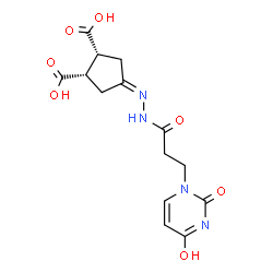 ChemSpider 2D Image | (1R,2S,4E)-4-{[3-(4-Hydroxy-2-oxo-1(2H)-pyrimidinyl)propanoyl]hydrazono}-1,2-cyclopentanedicarboxylic acid | C14H16N4O7