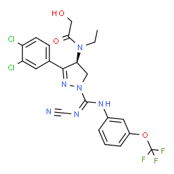 ChemSpider 2D Image | N-[(4S)-1-{N'-Cyano-N-[3-(trifluoromethoxy)phenyl]carbamimidoyl}-3-(3,4-dichlorophenyl)-4,5-dihydro-1H-pyrazol-4-yl]-N-ethyl-2-hydroxyacetamide | C22H19Cl2F3N6O3