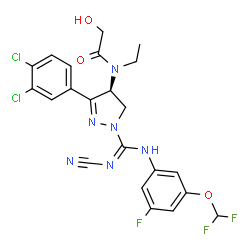 ChemSpider 2D Image | N-[(4S)-1-{N'-Cyano-N-[3-(difluoromethoxy)-5-fluorophenyl]carbamimidoyl}-3-(3,4-dichlorophenyl)-4,5-dihydro-1H-pyrazol-4-yl]-N-ethyl-2-hydroxyacetamide | C22H19Cl2F3N6O3