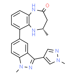 ChemSpider 2D Image | (4S)-1,3,4,5-Tetrahydro-4-methyl-6-[1-methyl-3-(1-methyl-1H-pyrazol-4-yl)-1H-indazol-5-yl]-2H-1,5-benzodiazepin-2-one | C22H22N6O