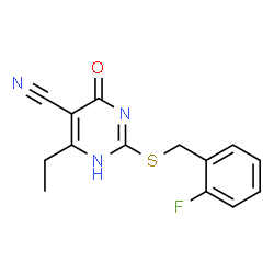 ChemSpider 2D Image | 4-Ethyl-2-[(2-fluorobenzyl)sulfanyl]-6-oxo-1,6-dihydropyrimidine-5-carbonitrile | C14H12FN3OS