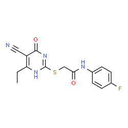 ChemSpider 2D Image | acetamide, 2-[(5-cyano-4-ethyl-1,6-dihydro-6-oxo-2-pyrimidinyl)thio]-N-(4-fluorophenyl)- | C15H13FN4O2S