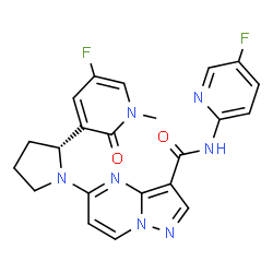 ChemSpider 2D Image | 5-[(2R)-2-(5-Fluoro-1-methyl-2-oxo-1,2-dihydro-3-pyridinyl)-1-pyrrolidinyl]-N-(5-fluoro-2-pyridinyl)pyrazolo[1,5-a]pyrimidine-3-carboxamide | C22H19F2N7O2