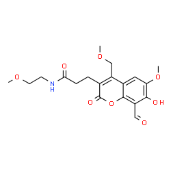 ChemSpider 2D Image | 3-[8-Formyl-7-hydroxy-6-methoxy-4-(methoxymethyl)-2-oxo-2H-chromen-3-yl]-N-(2-methoxyethyl)propanamide | C19H23NO8