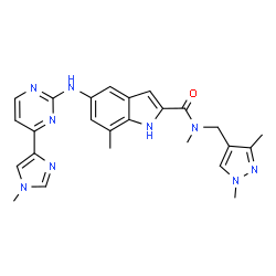ChemSpider 2D Image | N-[(1,3-Dimethyl-1H-pyrazol-4-yl)methyl]-N,7-dimethyl-5-{[4-(1-methyl-1H-imidazol-4-yl)-2-pyrimidinyl]amino}-1H-indole-2-carboxamide | C25H27N9O