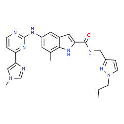 ChemSpider 2D Image | 7-Methyl-5-{[4-(1-methyl-1H-imidazol-4-yl)-2-pyrimidinyl]amino}-N-[(1-propyl-1H-pyrazol-3-yl)methyl]-1H-indole-2-carboxamide | C25H27N9O