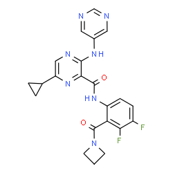 ChemSpider 2D Image | N-[2-(1-Azetidinylcarbonyl)-3,4-difluorophenyl]-6-cyclopropyl-3-(5-pyrimidinylamino)-2-pyrazinecarboxamide | C22H19F2N7O2